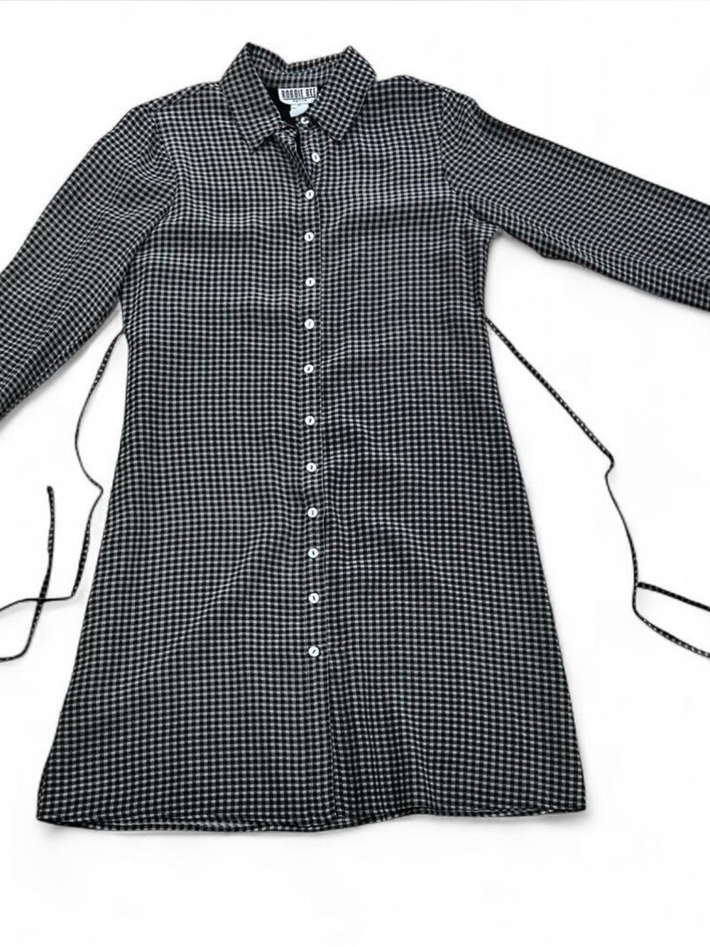 Robbie Bee Petite 100% Silk Gingham Dress 8P Vintage Black White Tie Waist Midi